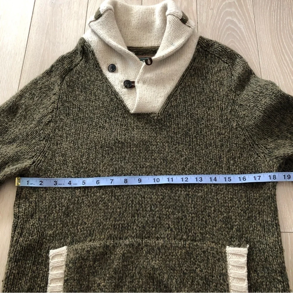 Roots Cabin Wool Blend Shawl Neck Elbow Patch Marled Sweater in Green Size S - Picture 4 of 12
